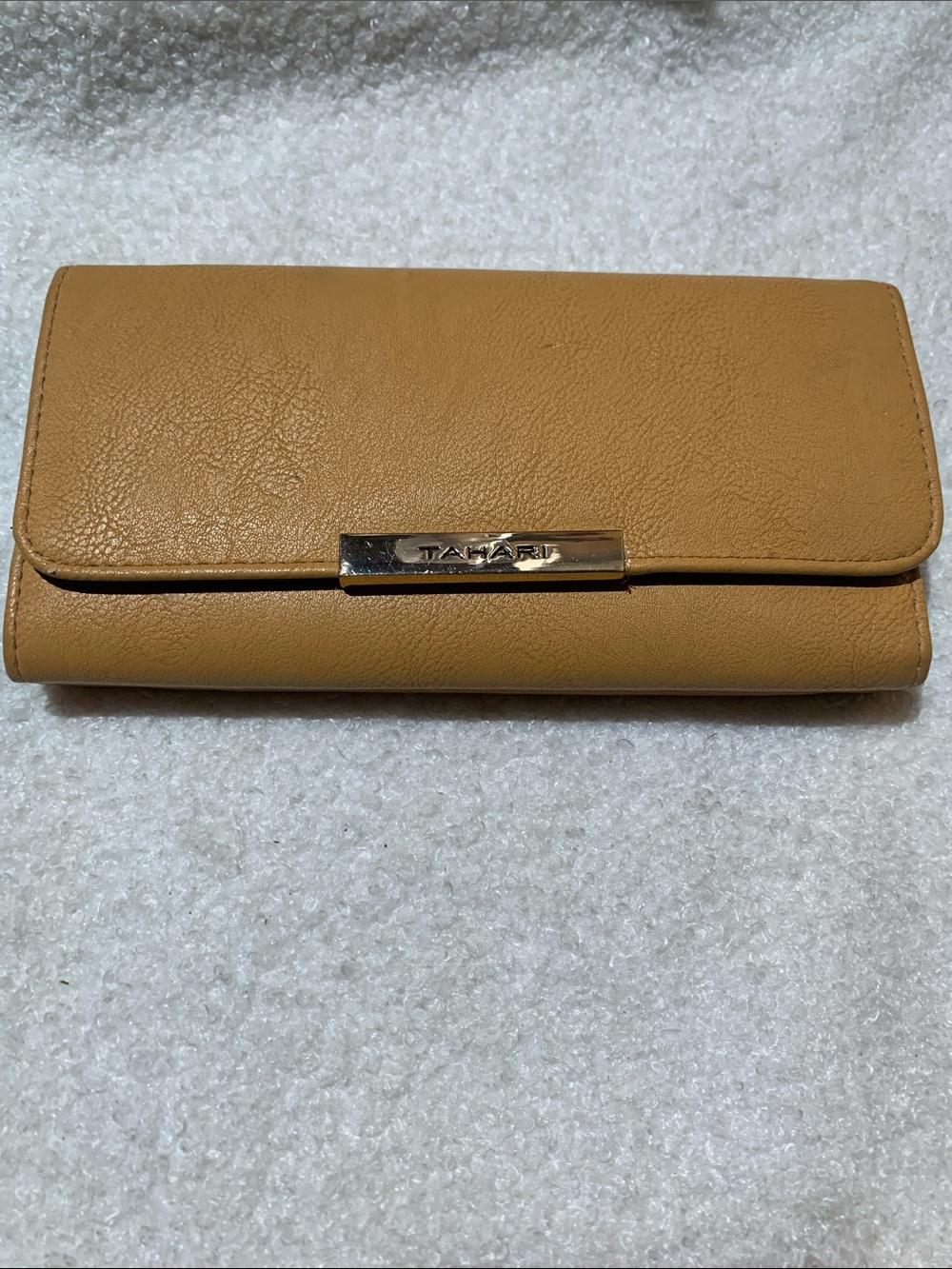 Tahari Camel/Tan Leather Clutch Wallet with Metal Logo Bar